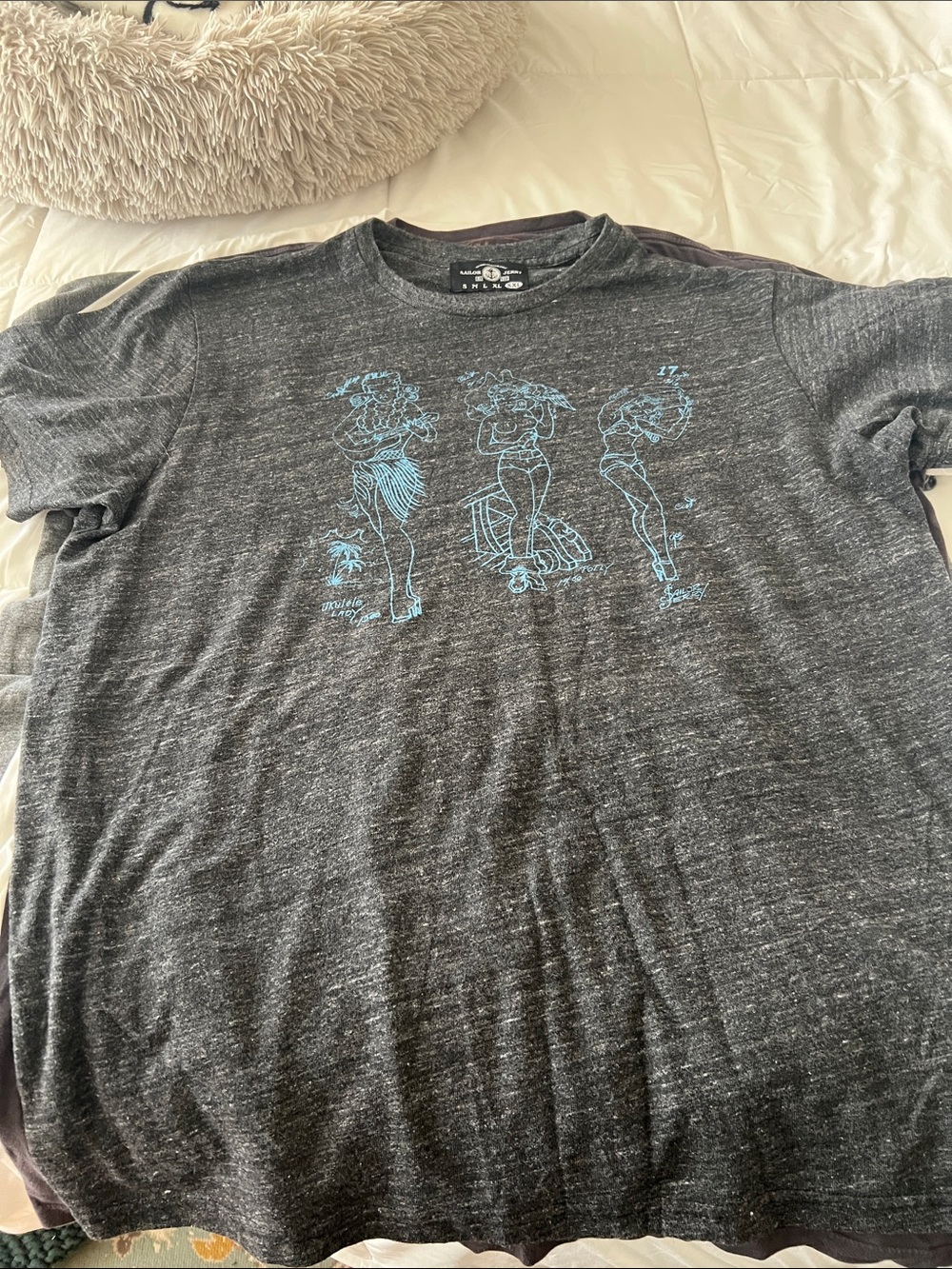 Vintage Style Heather Charcoal Graphic Tee with Blue Pinup Print Sailor Jerry